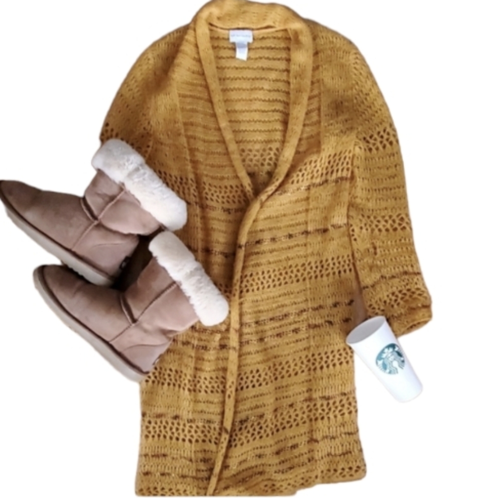 Soft Surroundings Cozy Long Wool Blend‎ Deep Yellow Crochet Cardigan Size Small